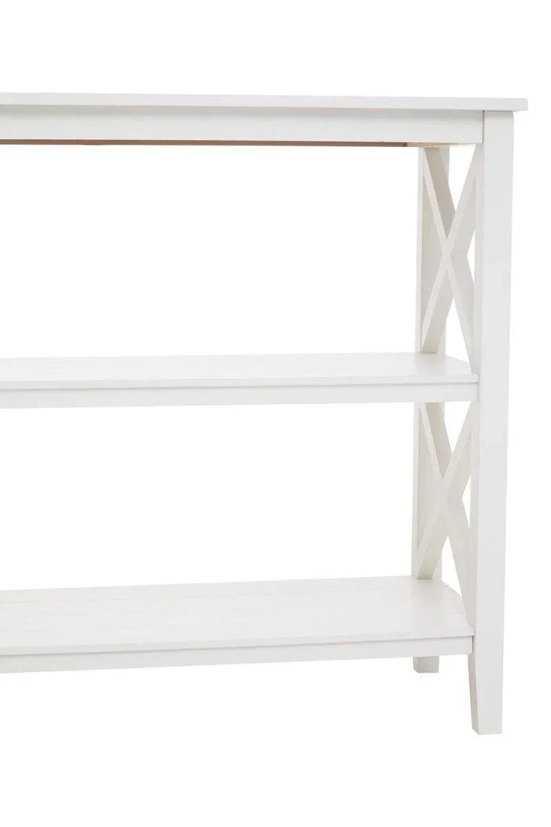 White wooden console table with two shelves and X side design, front angle view