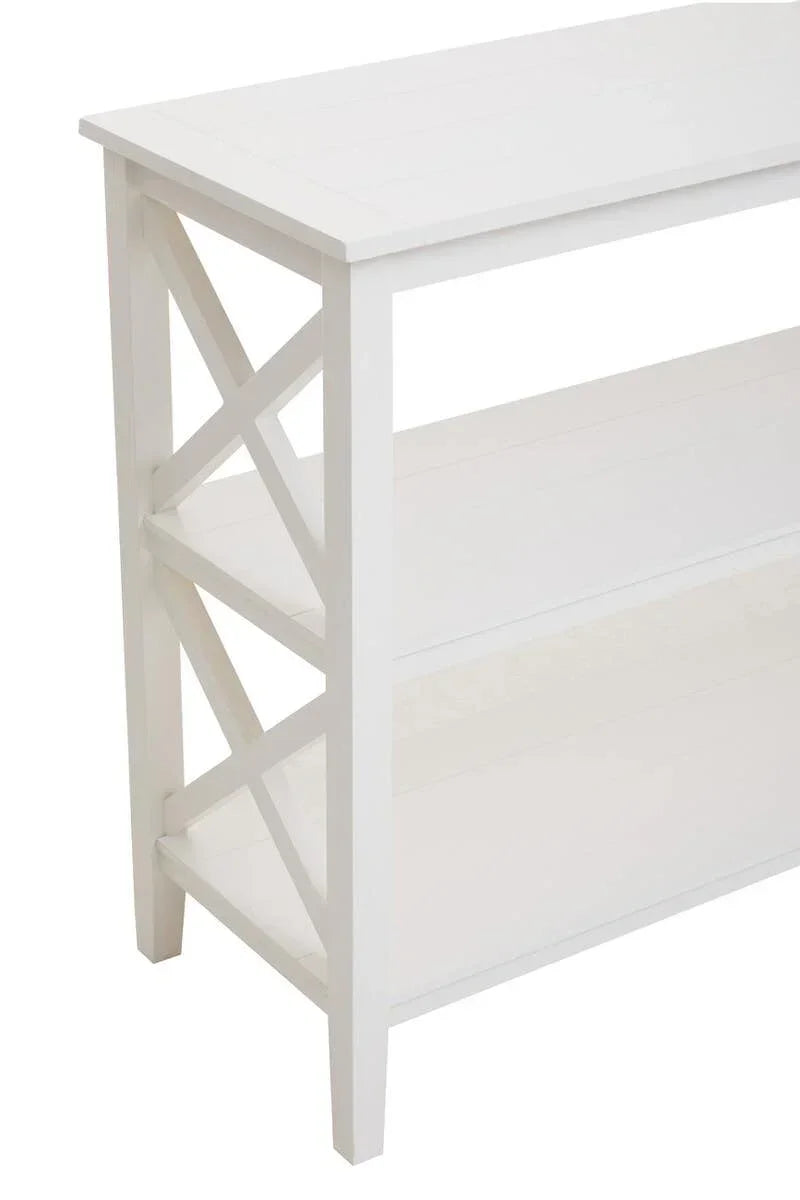 White wooden console table with shelves and cross side detail