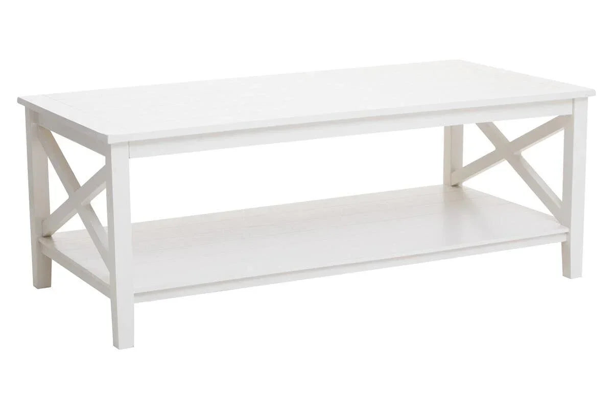 White wooden coffee table with lower shelf and cross side detail