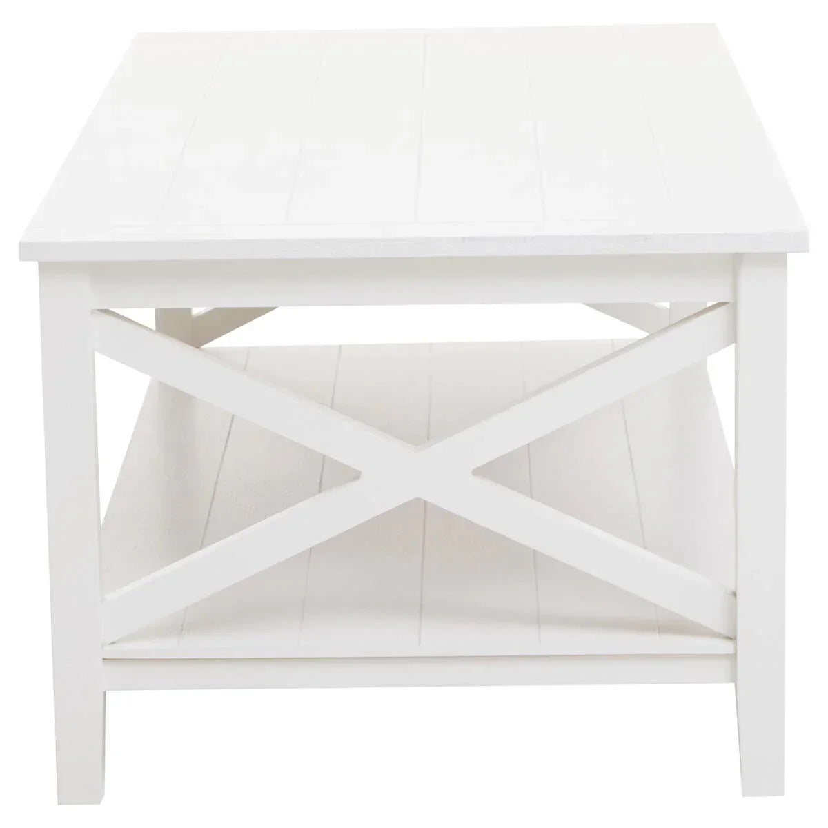 White wooden coffee table with X-frame sides and lower shelf, front angle view