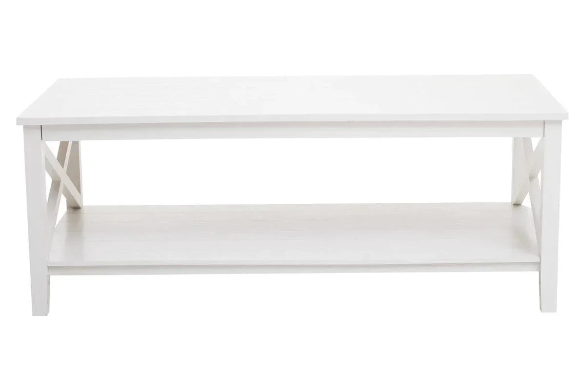 White wooden coffee table with lower shelf and cross side detail