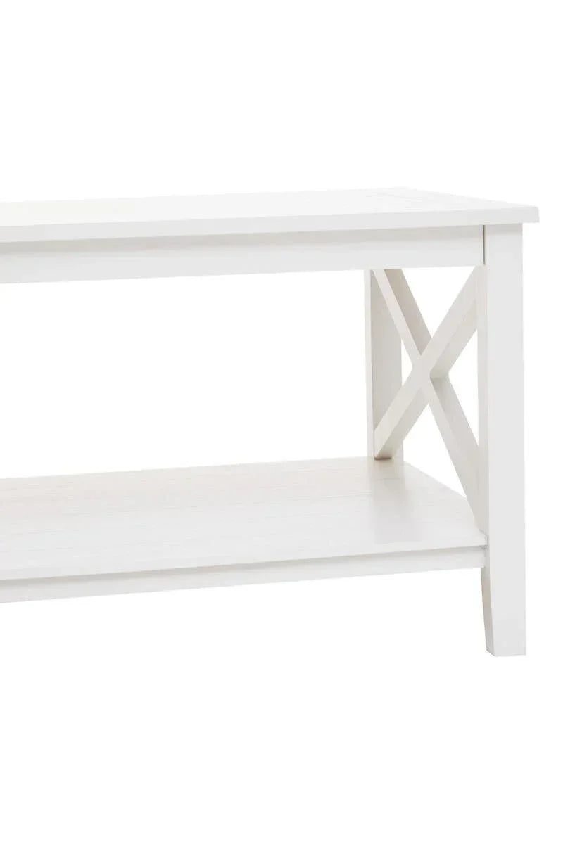 White wooden console table with lower shelf and side cross detail