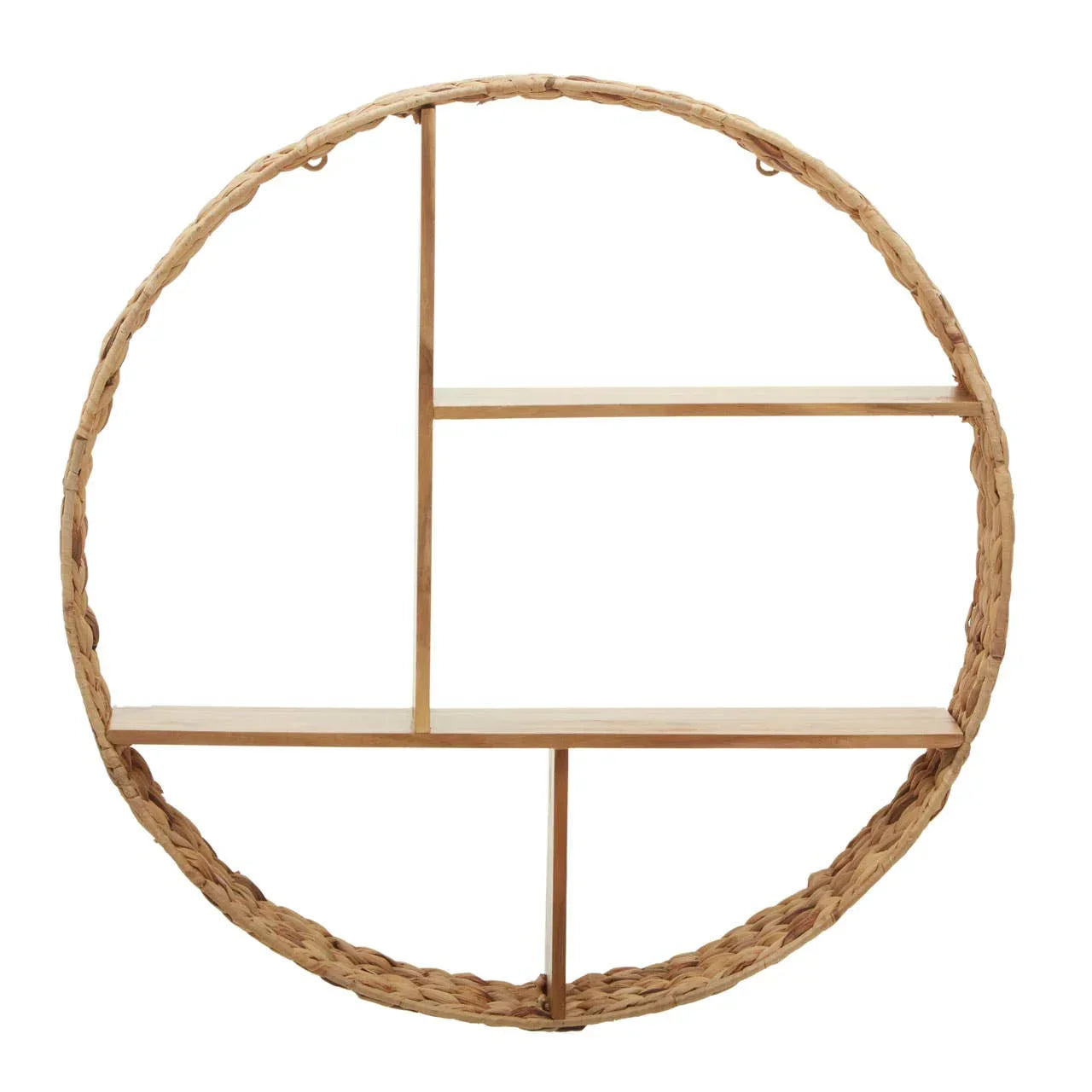 Round woven wall shelf with natural finish and three wooden display tiers