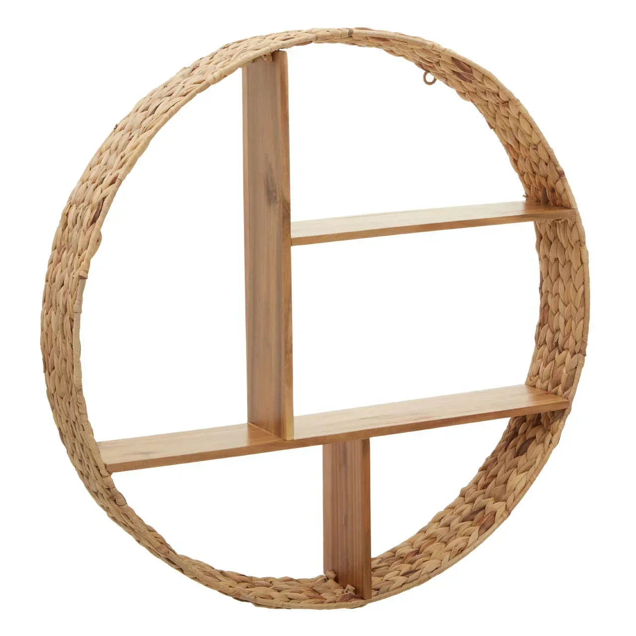 Round wicker wall shelf with three wooden compartments for home storage