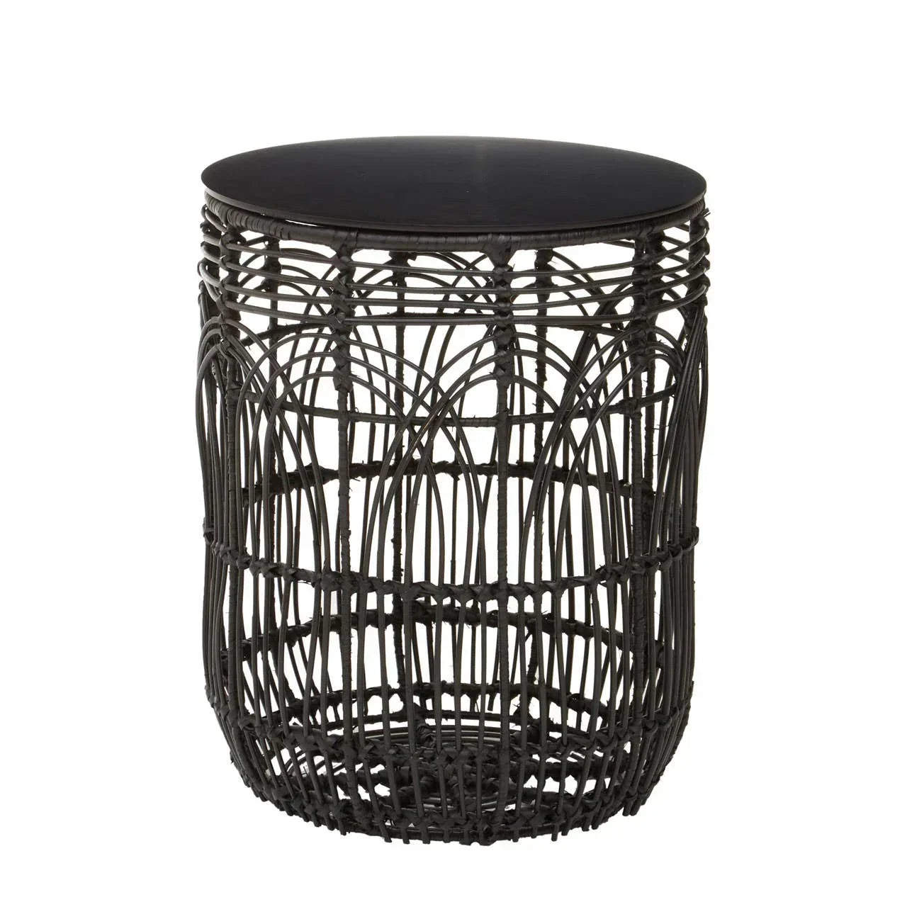 Black wire side table with open basket weave design and round solid top