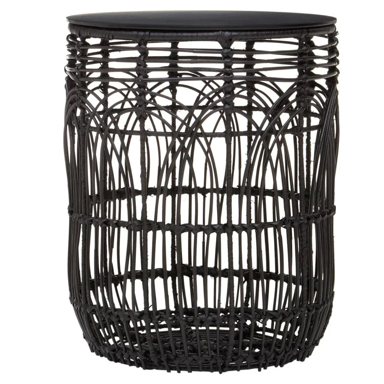 Black rattan side table with open weave design and round top, front angle view