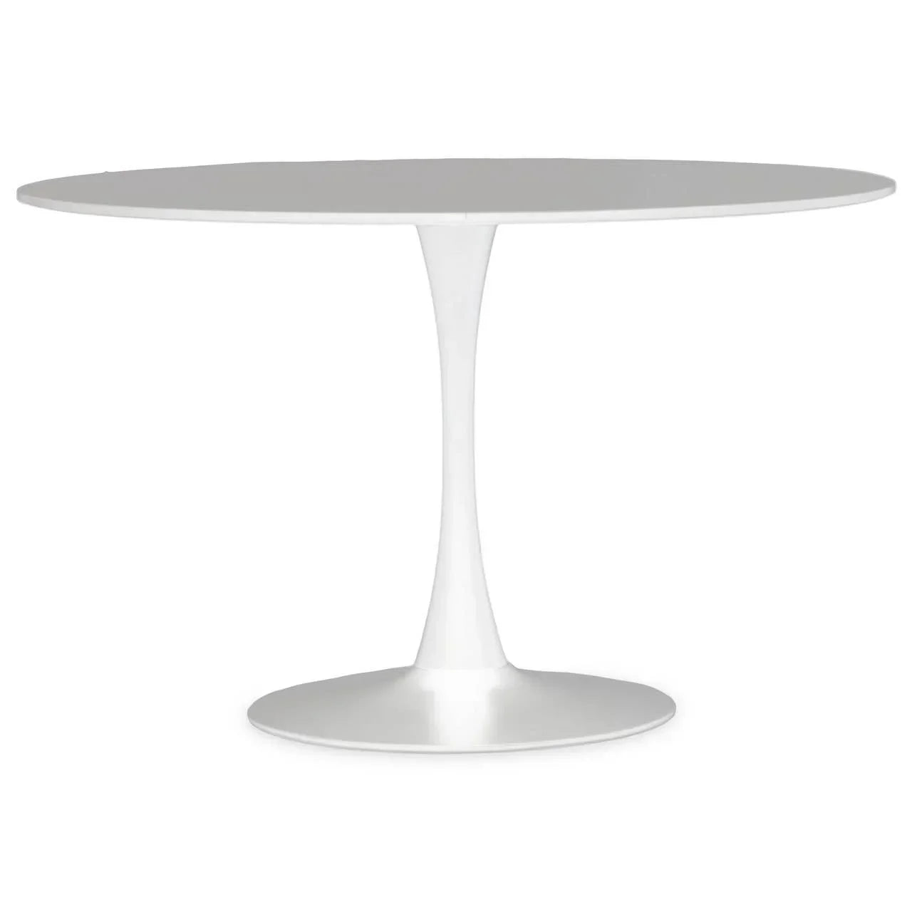 Round white dining table with single pedestal base on white background