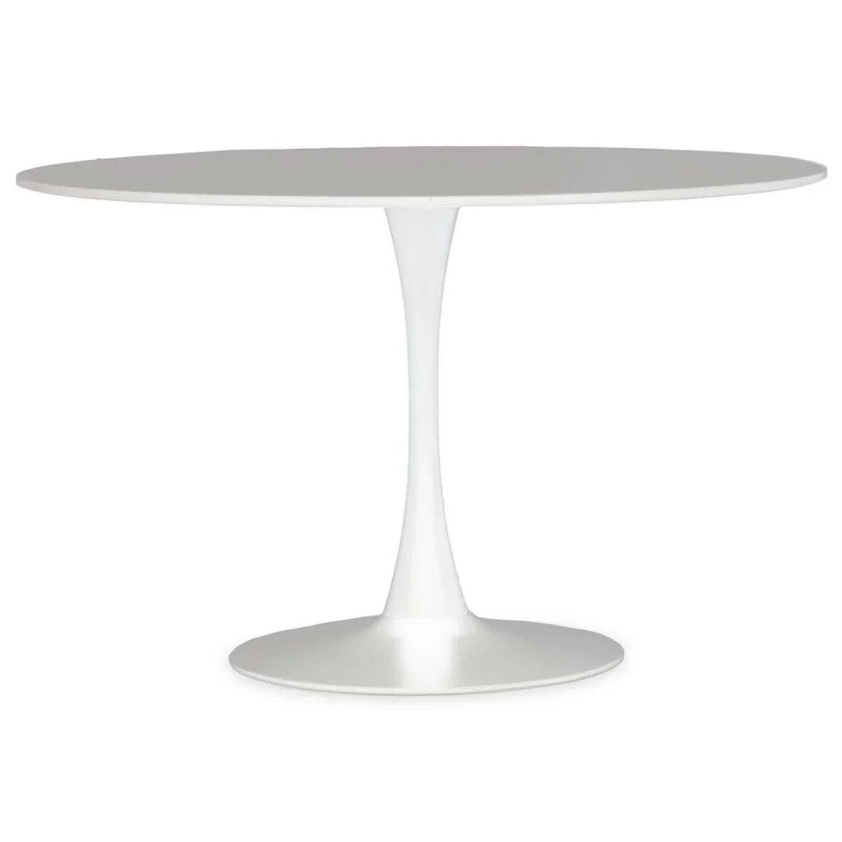 White round dining table with pedestal base, modern minimalist design