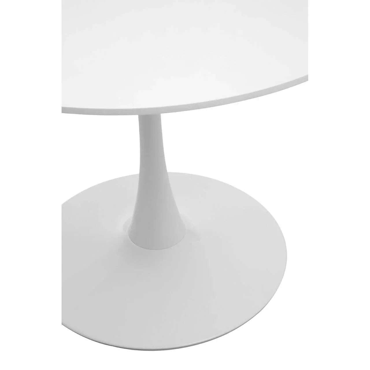 White round dining table with pedestal base, close view of tabletop and base detail