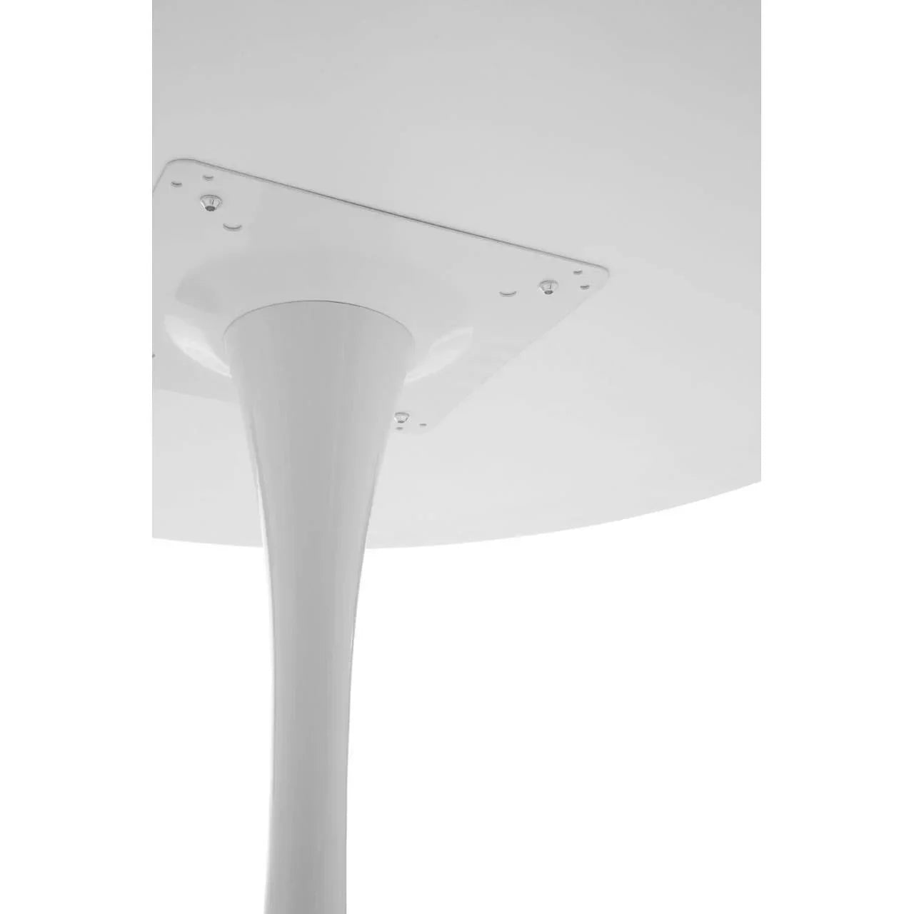 White dining table base with metal support and smooth round pedestal design