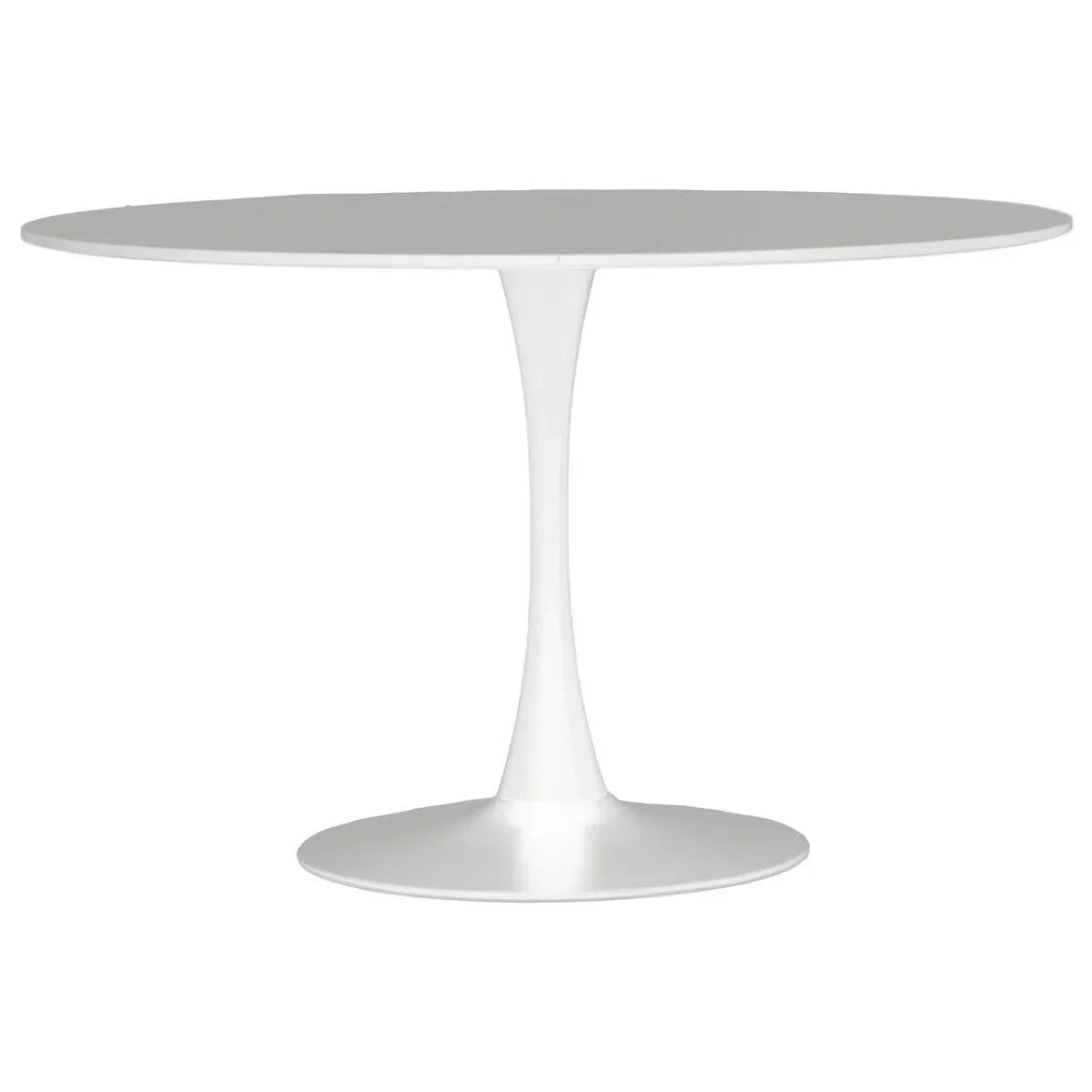 White round dining table with pedestal base on white background