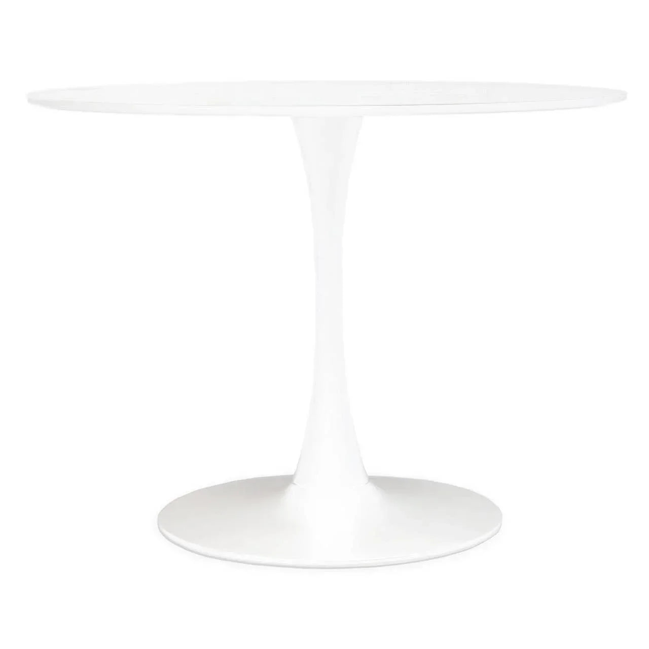Round white dining table with pedestal base and smooth finish, front angle view