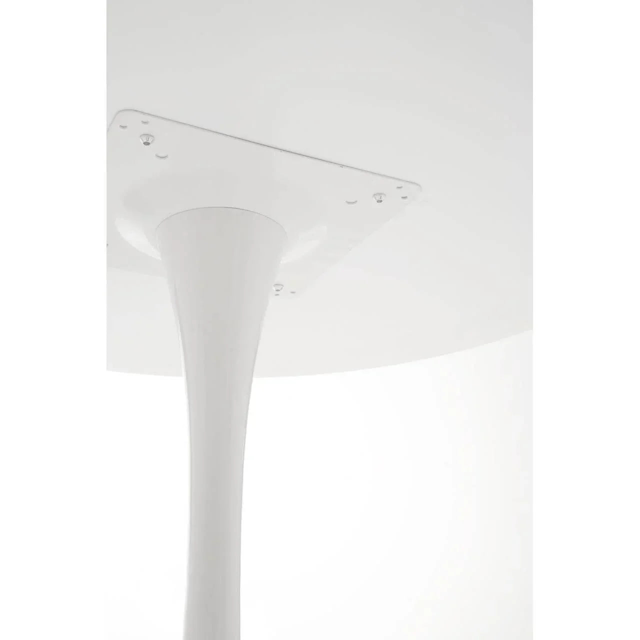 White dining table pedestal base and underside detail