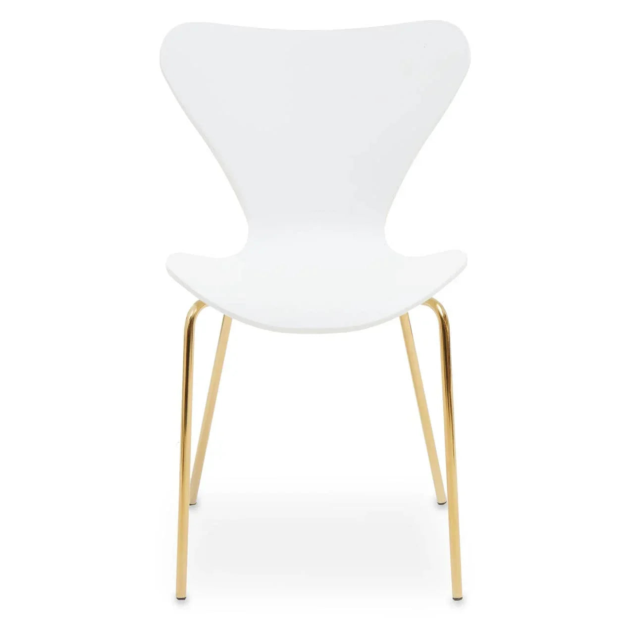 Modern dining chair with white curved seat and gold metal legs, front angle view