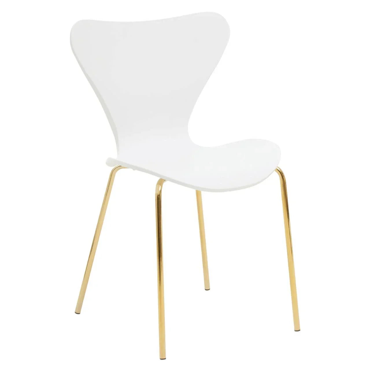 White dining chair with curved back and gold metal legs on white background