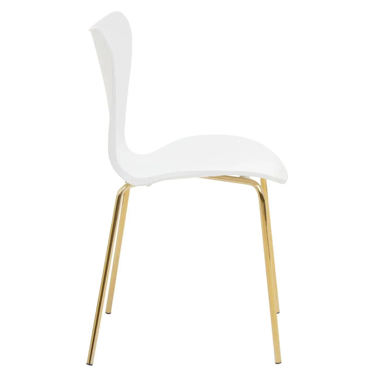 Modern dining chair with white curved seat and gold metal legs side view