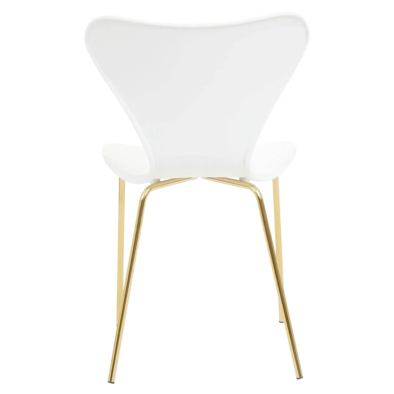 White dining chair with curved backrest and gold metal legs, rear view
