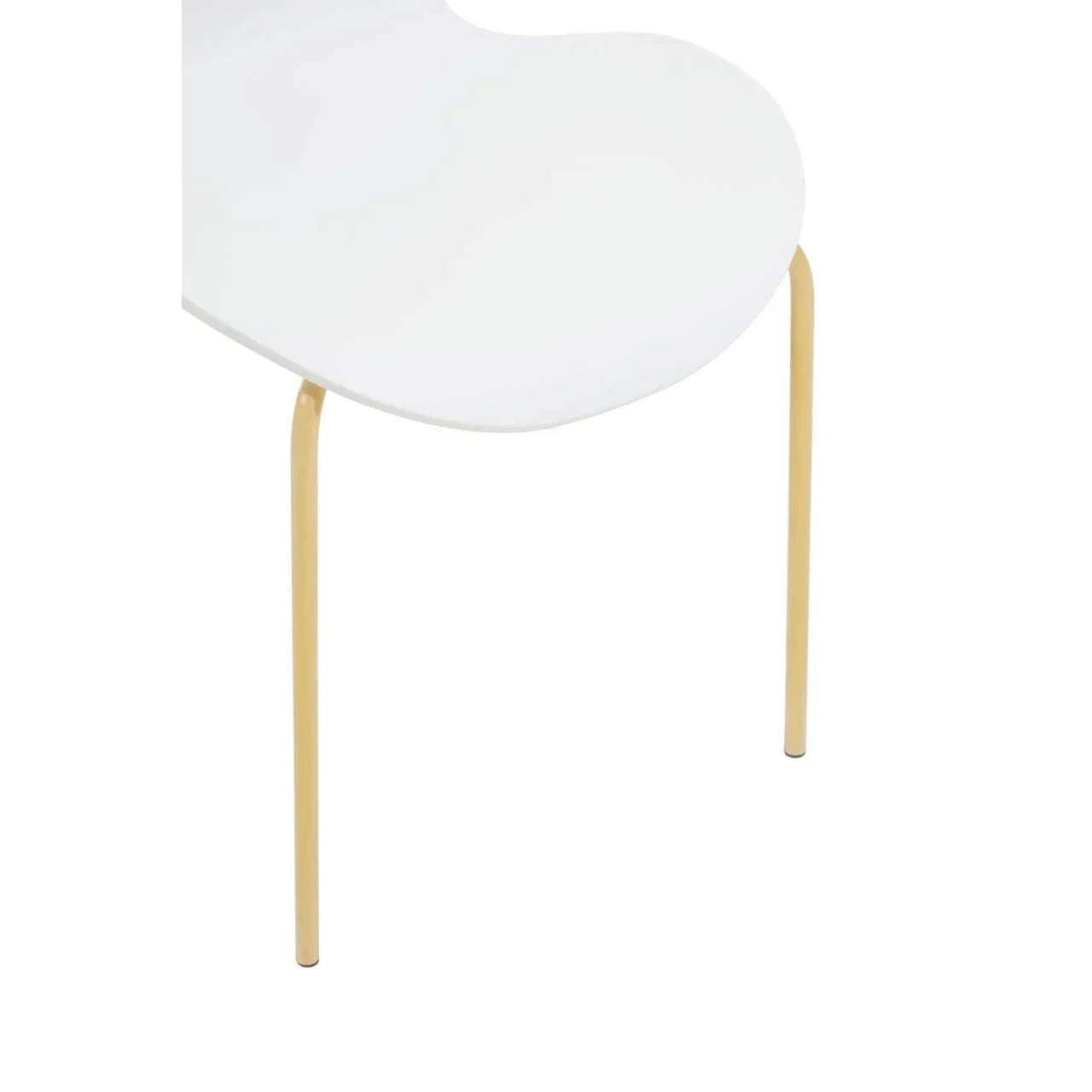 Close view of modern dining chair with white curved seat and slim gold metal legs
