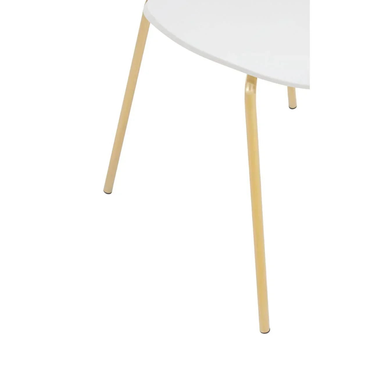 White table with round top and light wood effect legs, close up on corner angle