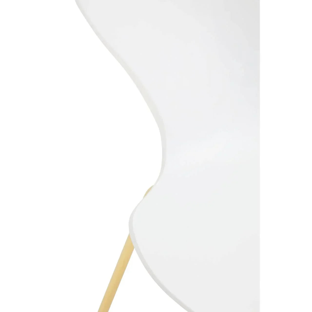 Closeup of white dining chair with curved seat and light wood leg