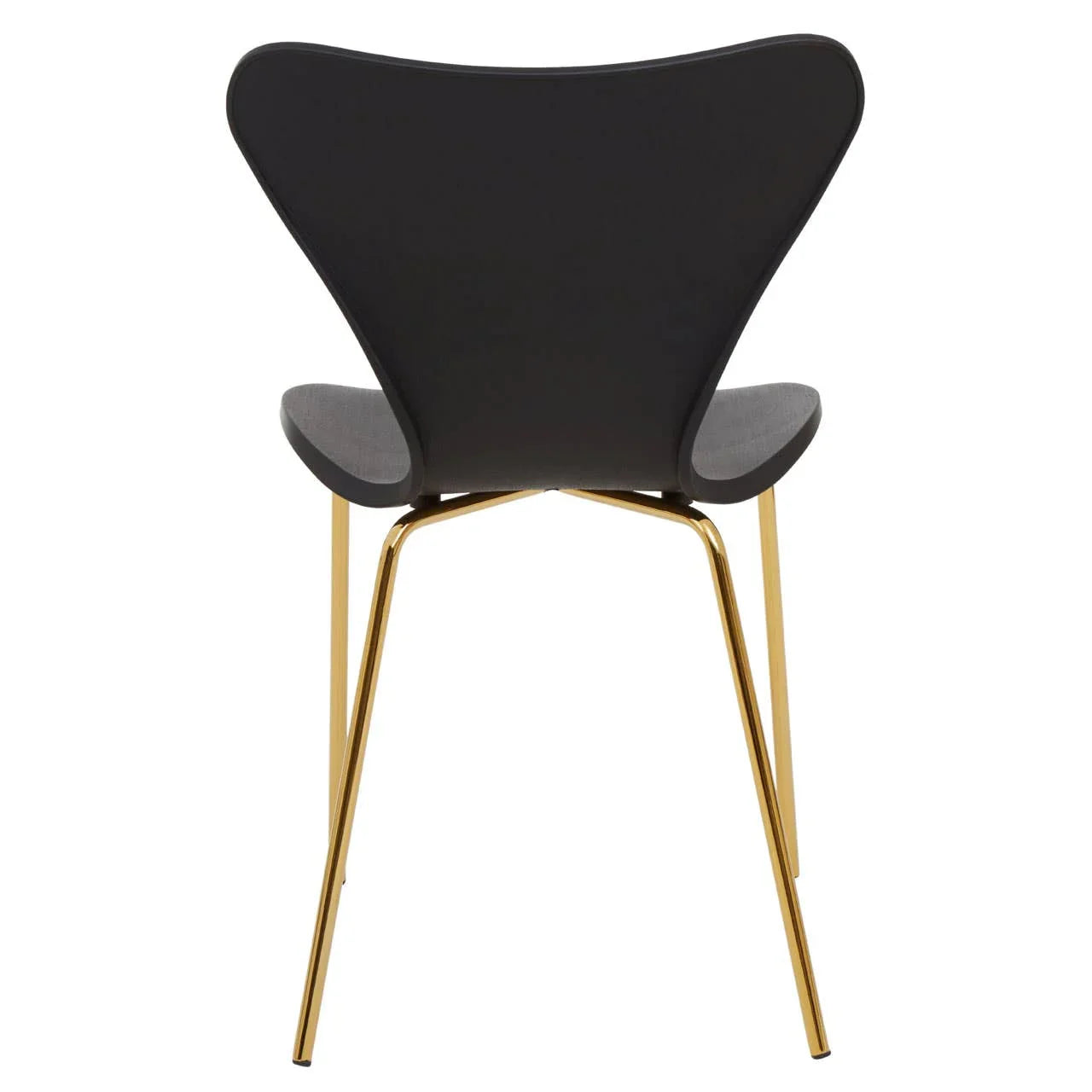 Black dining chair with curved back and gold metal legs, rear angle view