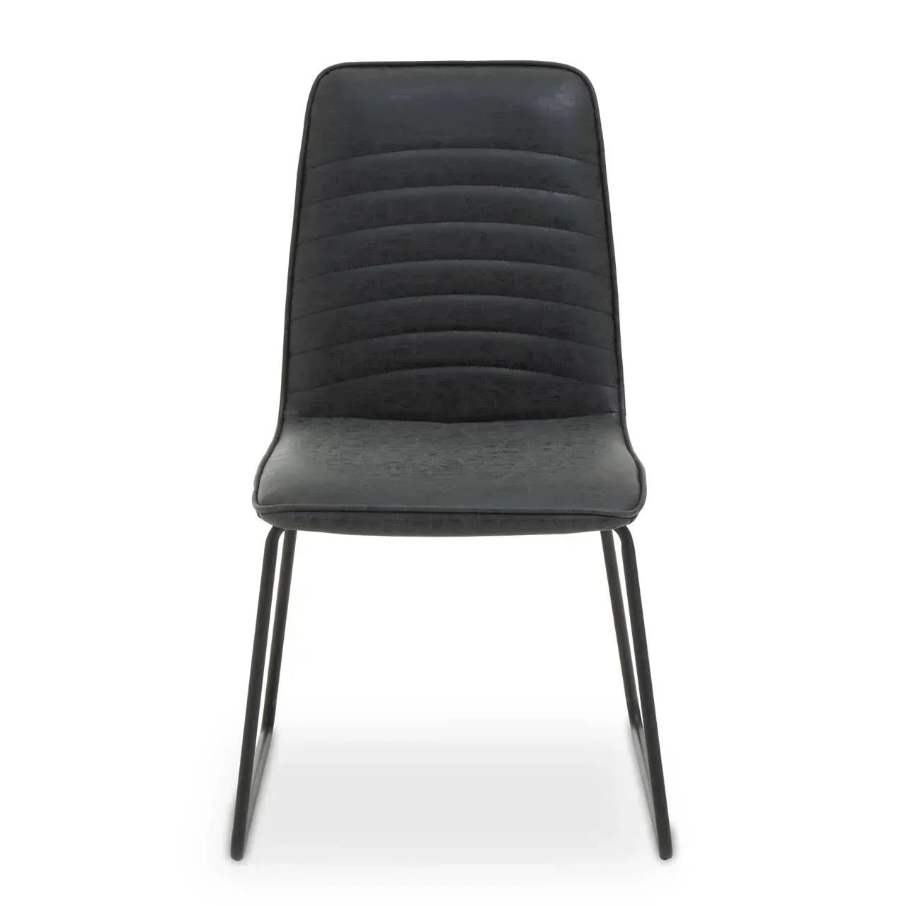 Black dining chair with stitched faux leather seat and metal legs, front view