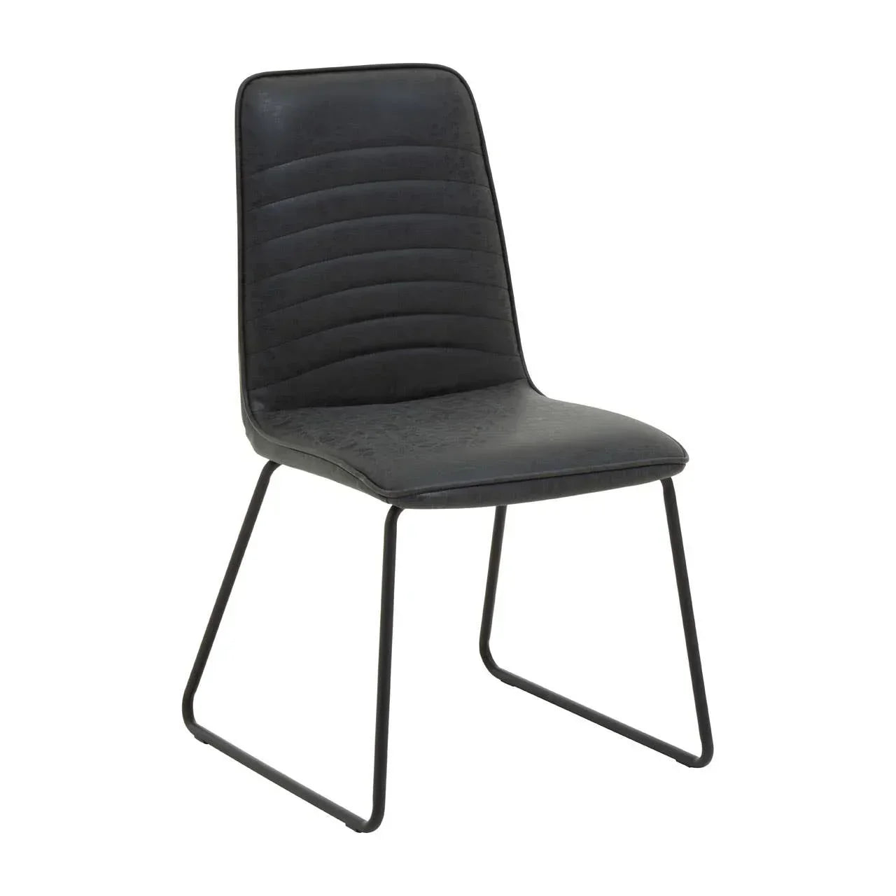 Black faux leather dining chair with stitched seat and metal sled legs