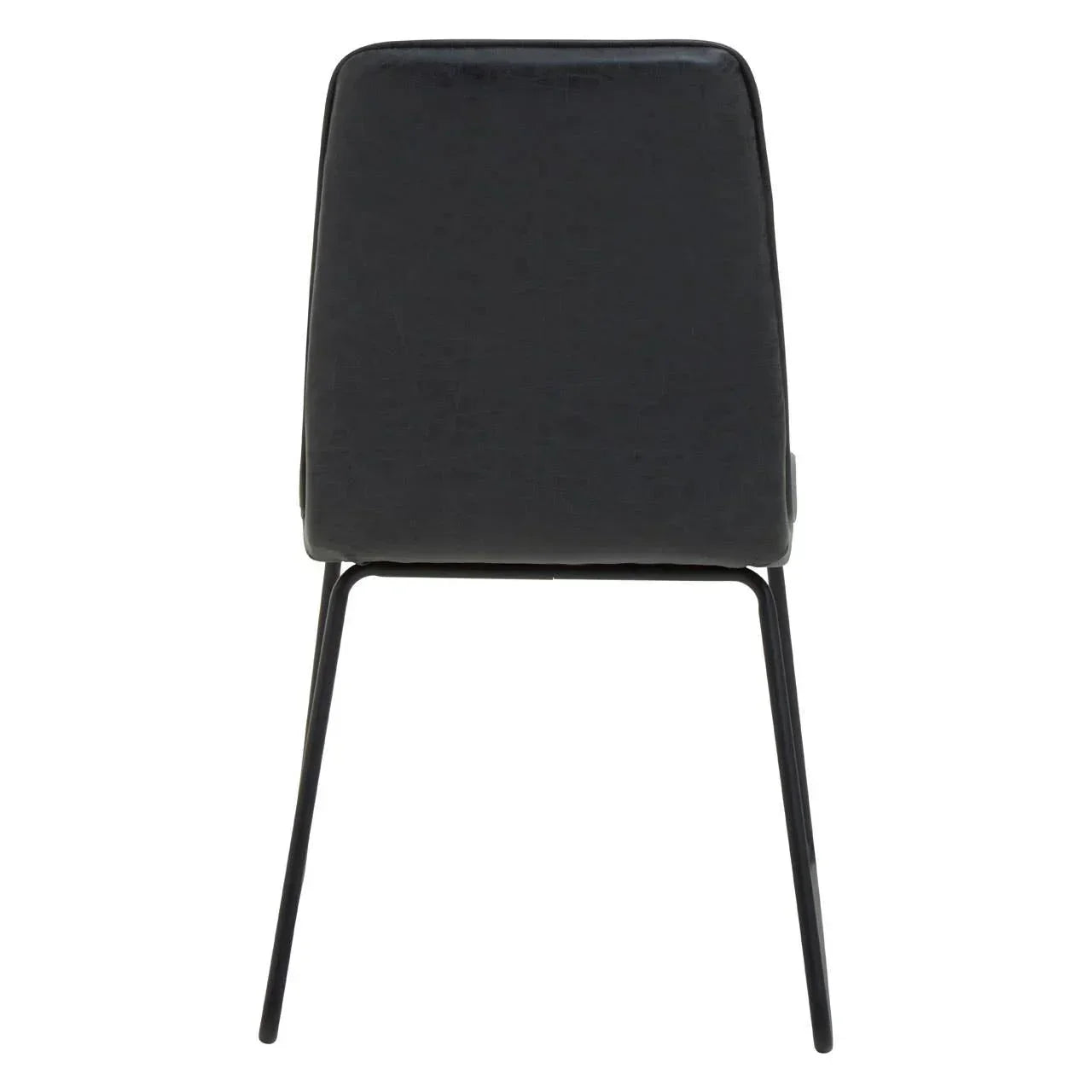 Black dining chair with metal legs, rear view showing smooth faux leather upholstery