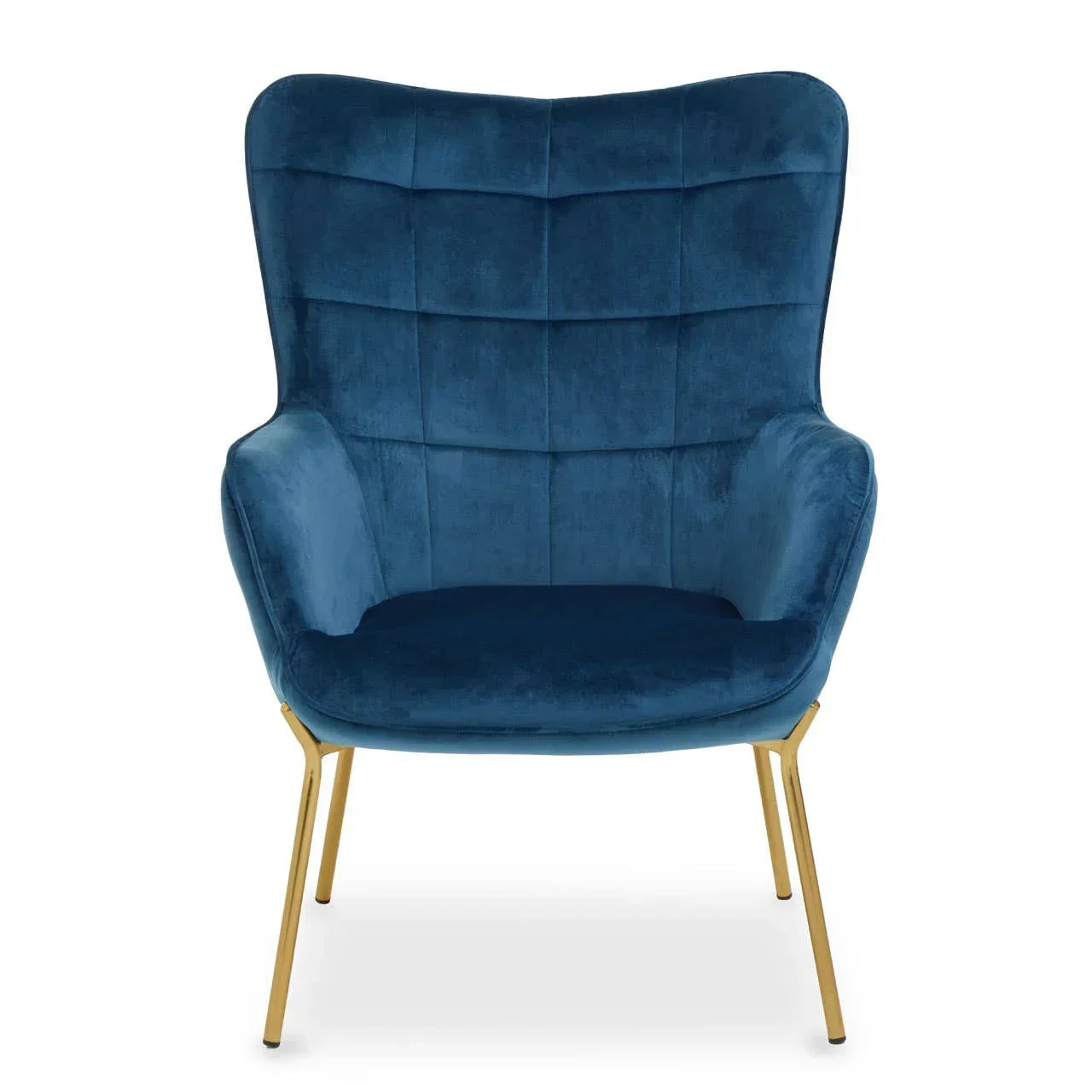 Blue velvet accent chair with gold legs and winged backrest, front view