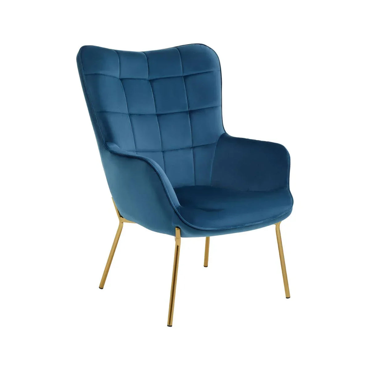 Blue velvet accent chair with gold metal legs and high backrest