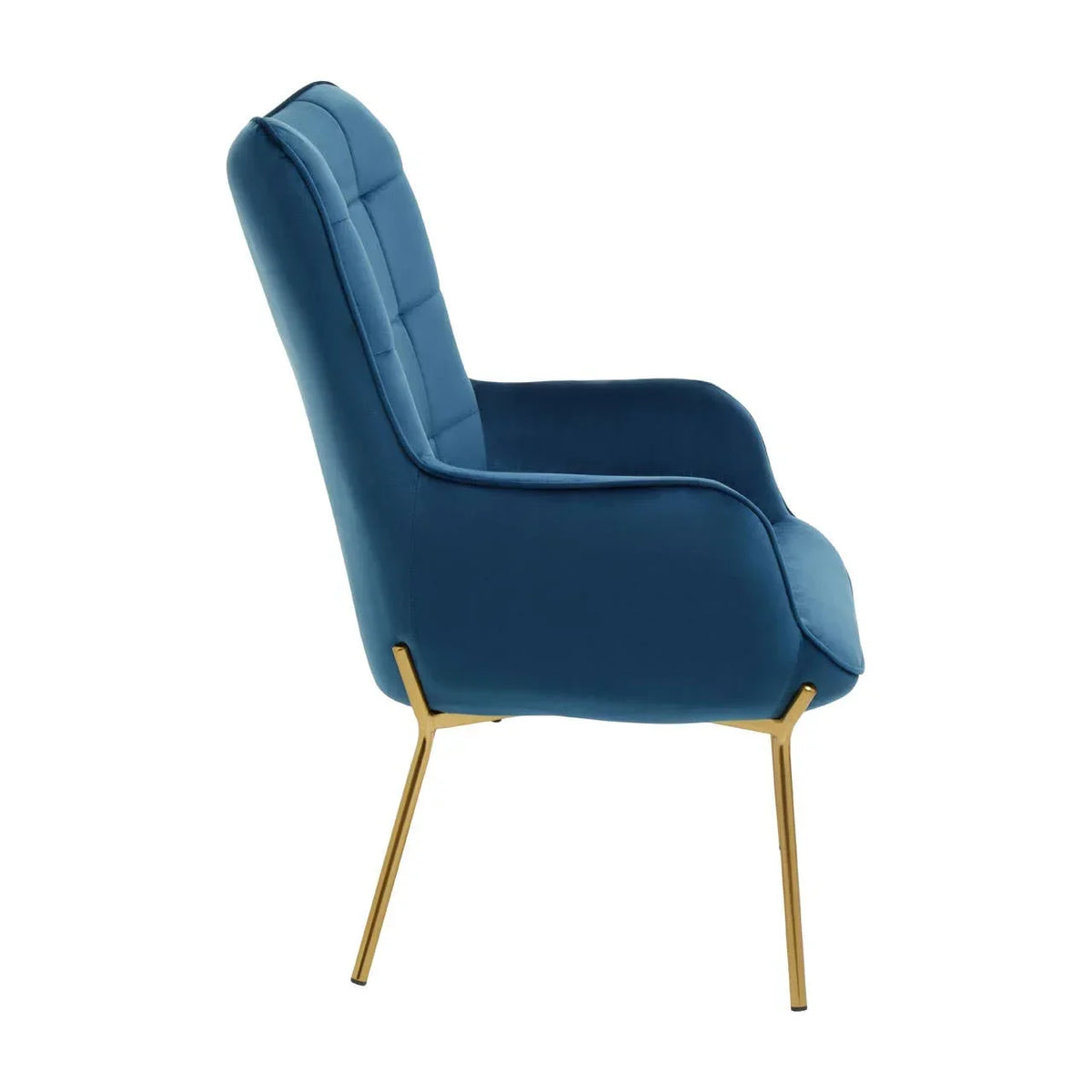Blue velvet accent chair with gold metal legs side view