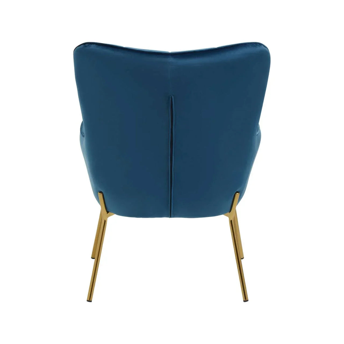Blue velvet accent chair with gold metal legs, rear view