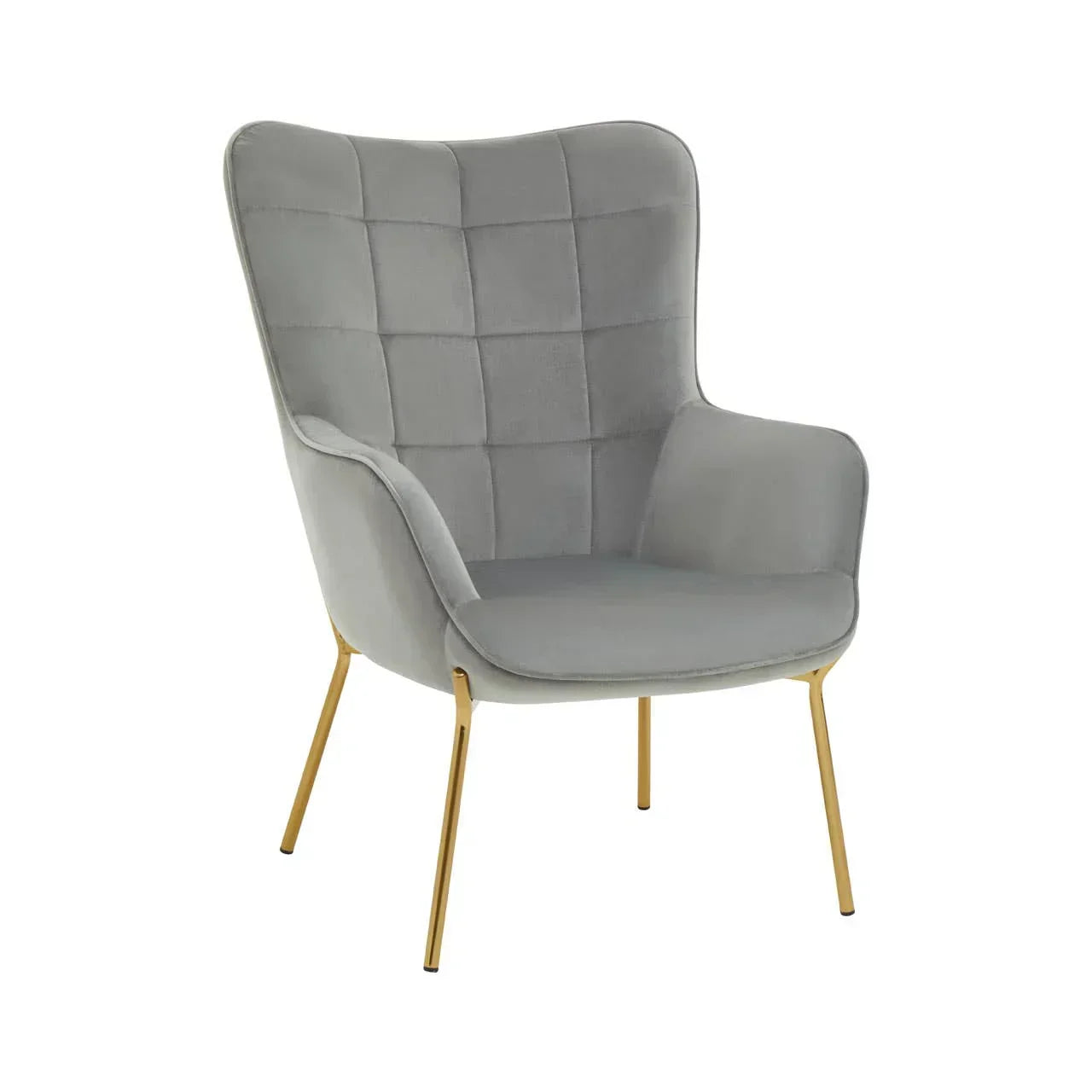 Grey accent chair with quilted fabric and gold metal legs front angle view