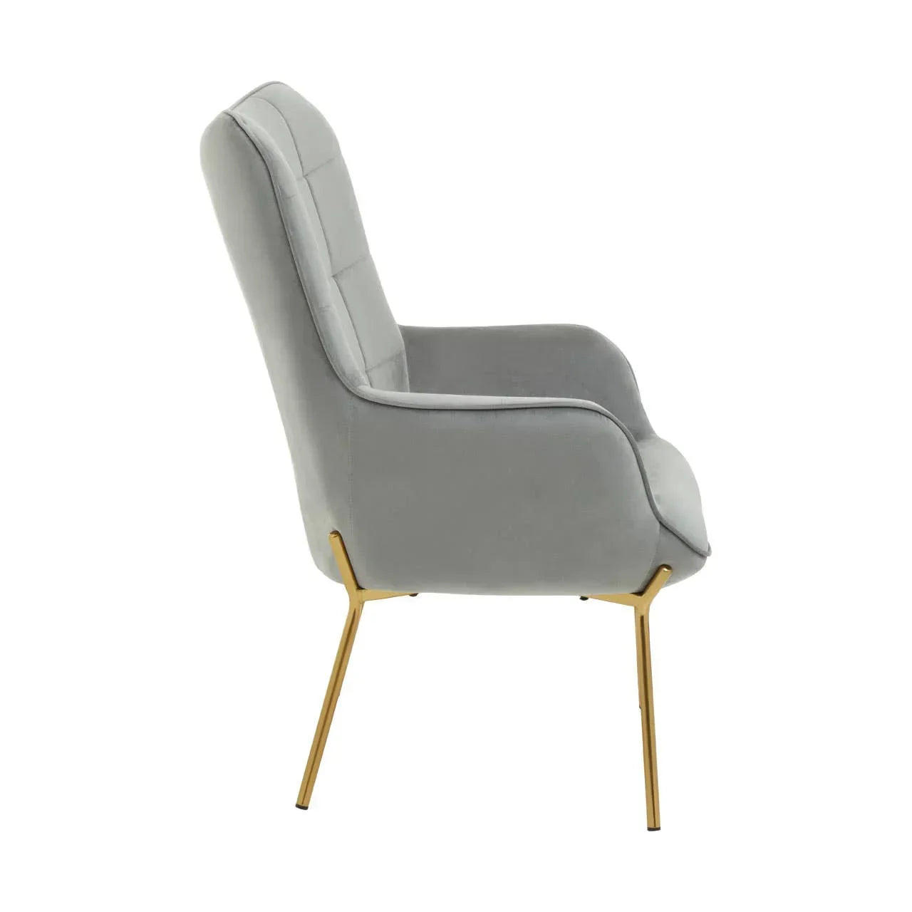 Light grey accent chair with gold metal legs shown from side view