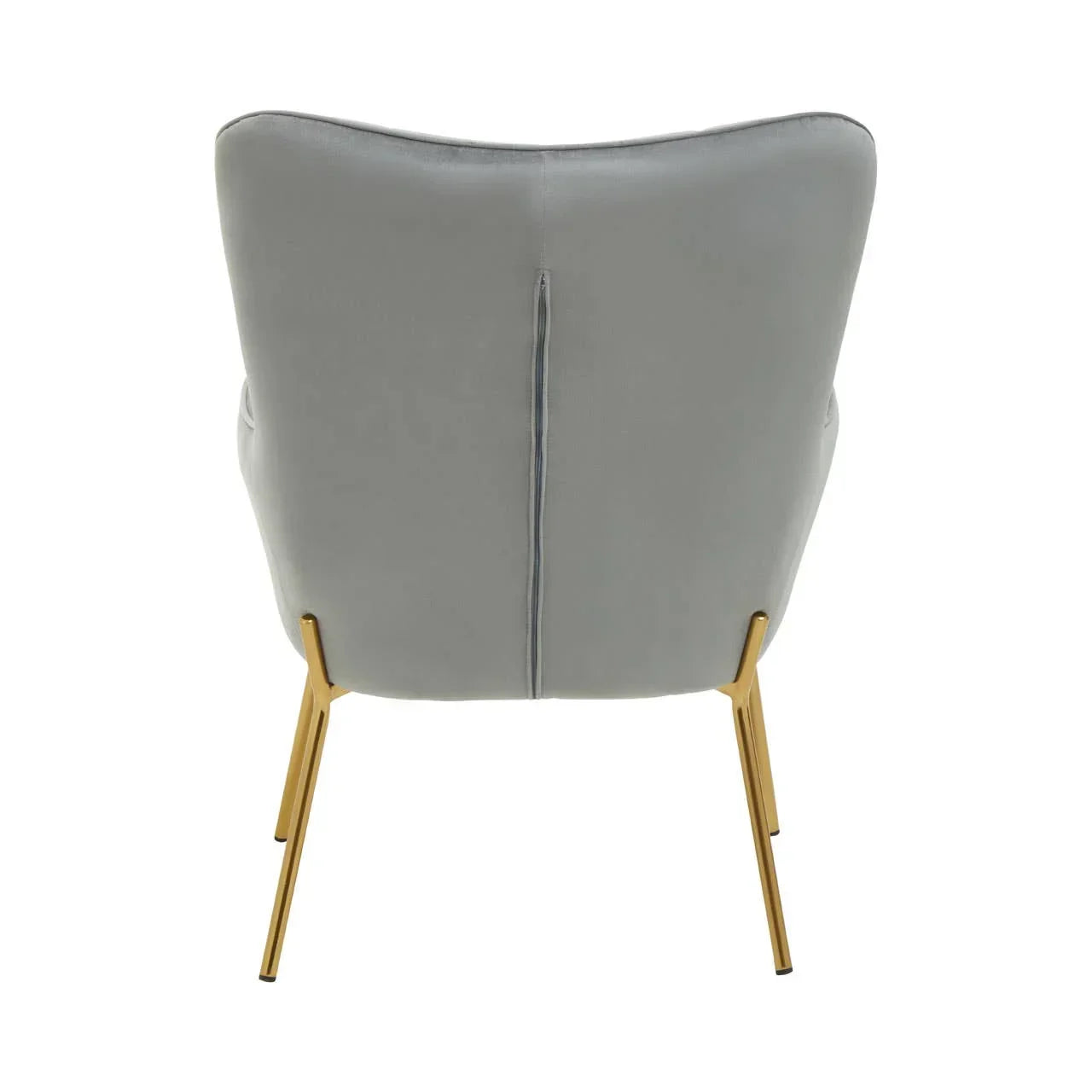 Grey accent chair rear view with gold metal legs, modern upholstery detail visible