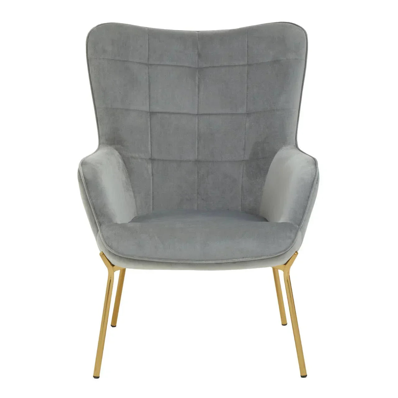 Grey velvet accent chair with gold legs and high backrest, front view