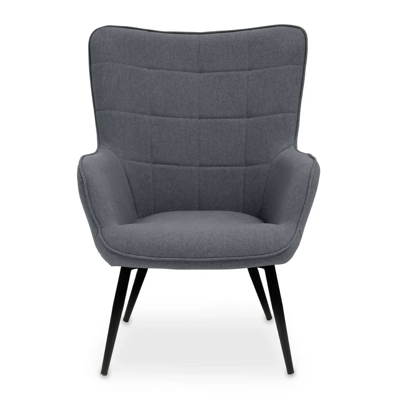 Grey fabric accent chair with high backrest and black metal legs, front view