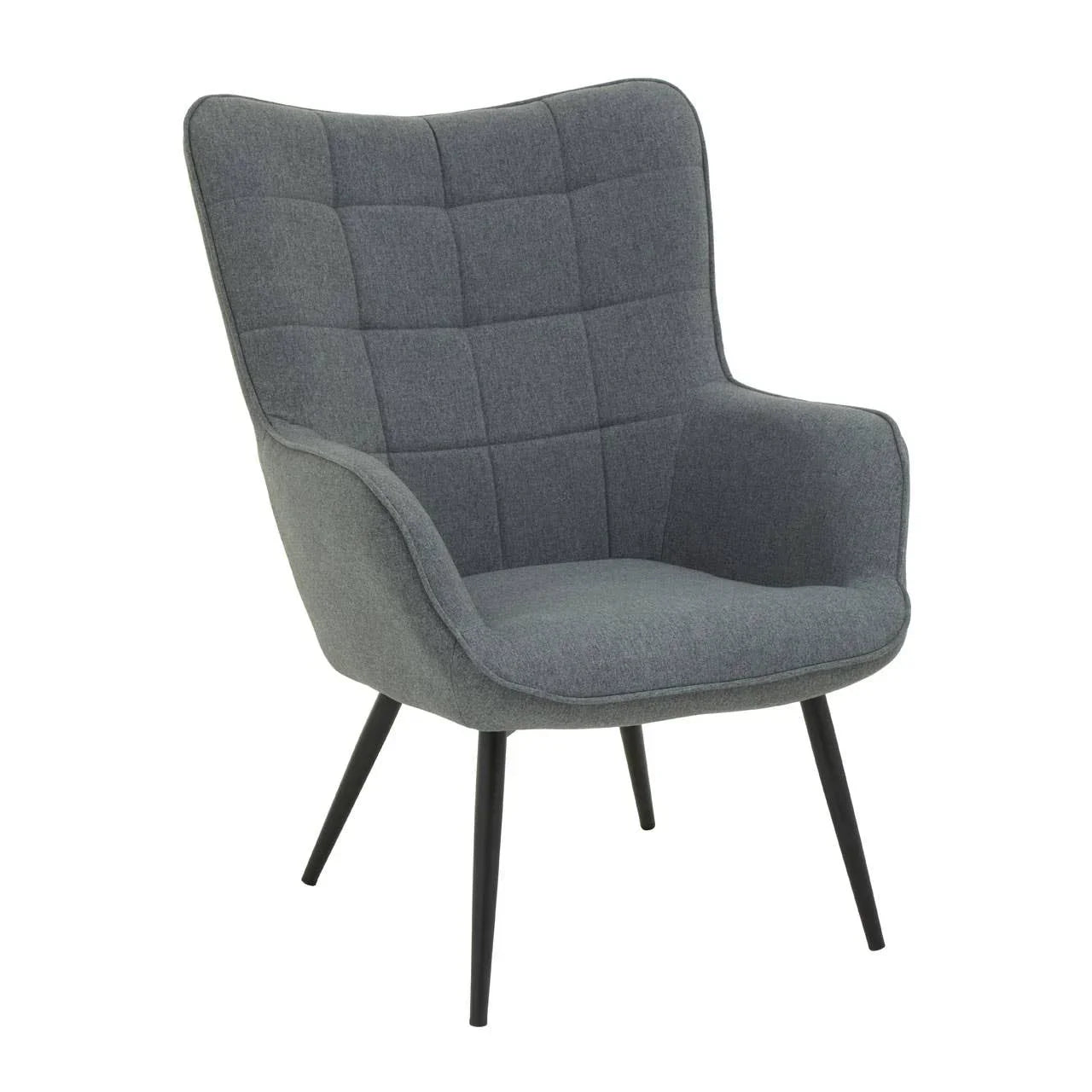 Grey fabric accent chair with quilted backrest and black angled legs