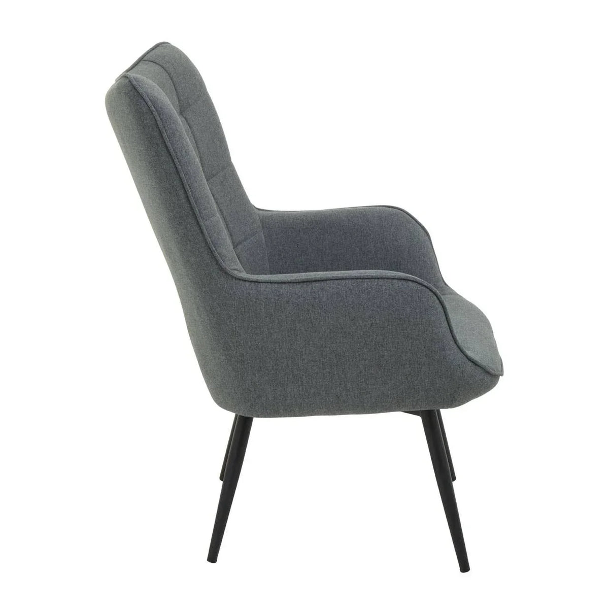 Grey fabric armchair with black metal legs side view