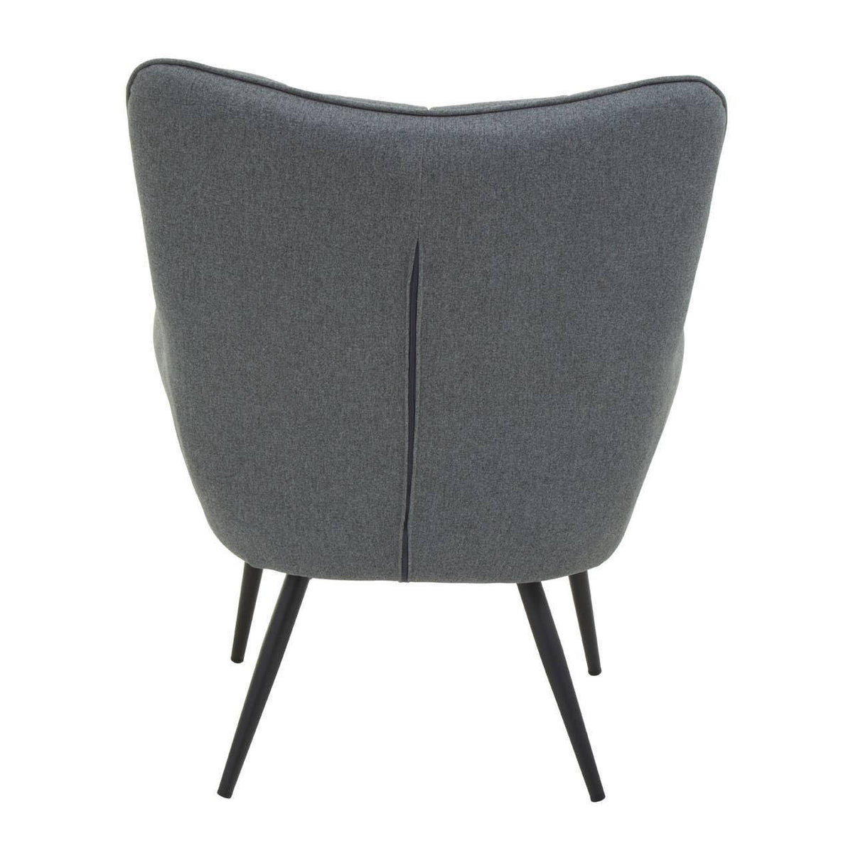 Rear view of grey fabric accent chair with black metal legs