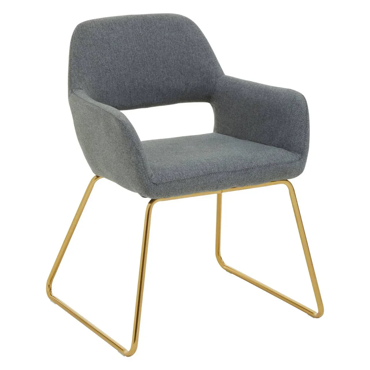 Grey upholstered dining chair with gold metal legs and open back design