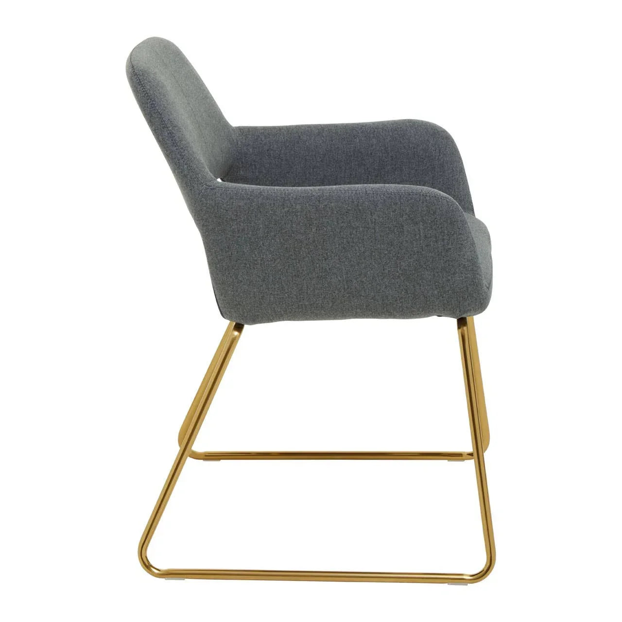 Grey upholstered dining chair with gold metal sled base, side profile view