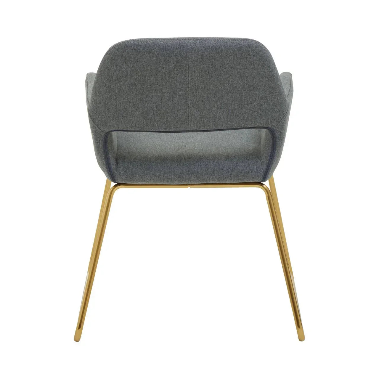Back view of grey upholstered dining chair with gold metal legs