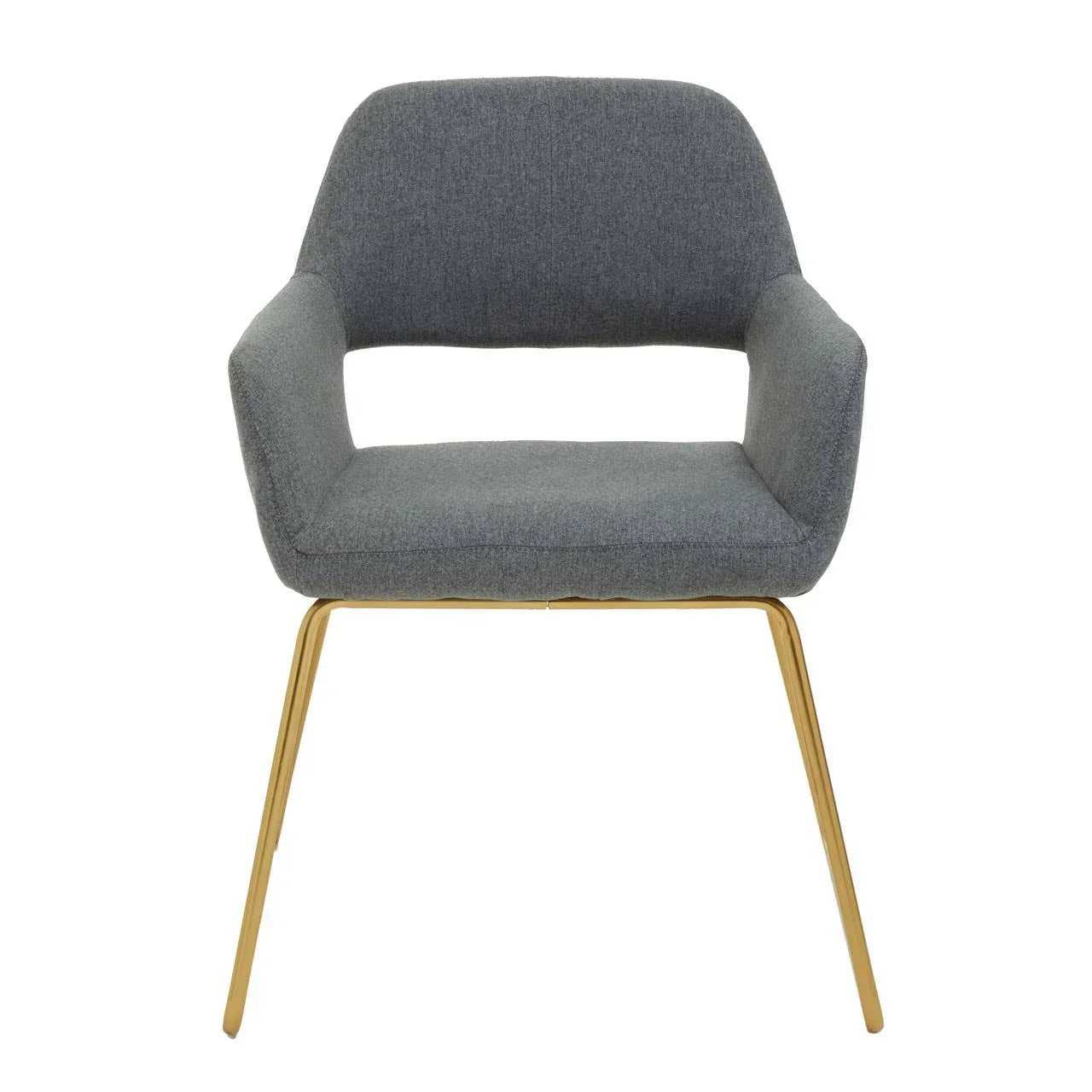 Grey fabric dining chair with gold metal legs and open backrest, front view
