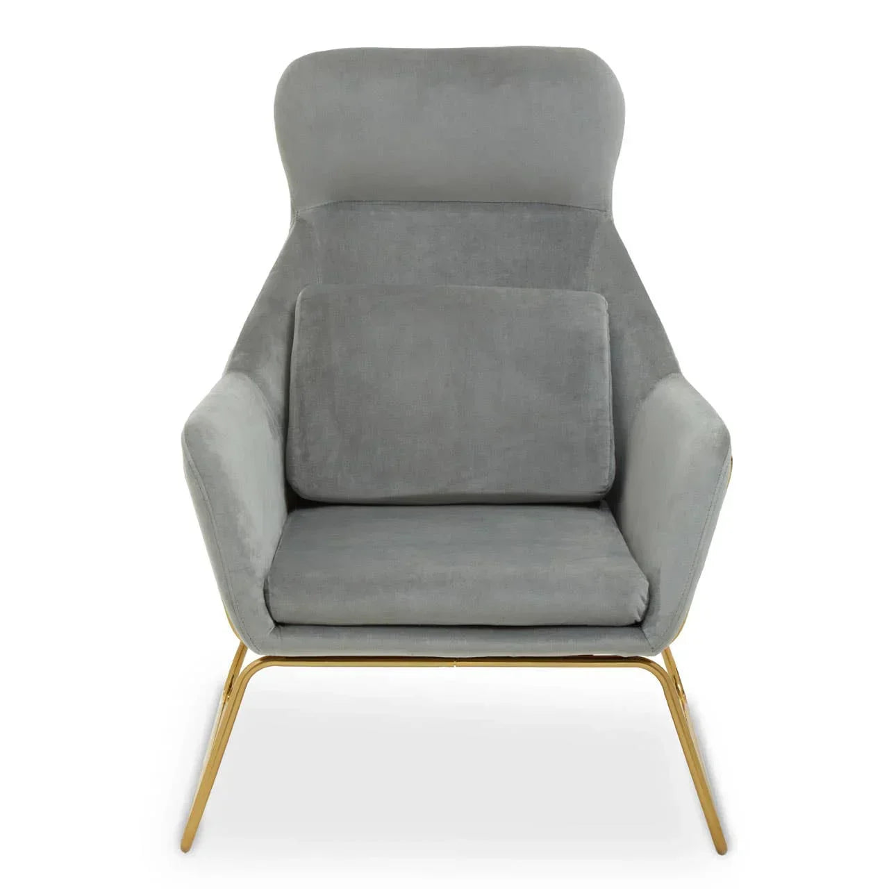 Grey velvet armchair with gold metal legs and plush cushion, front view