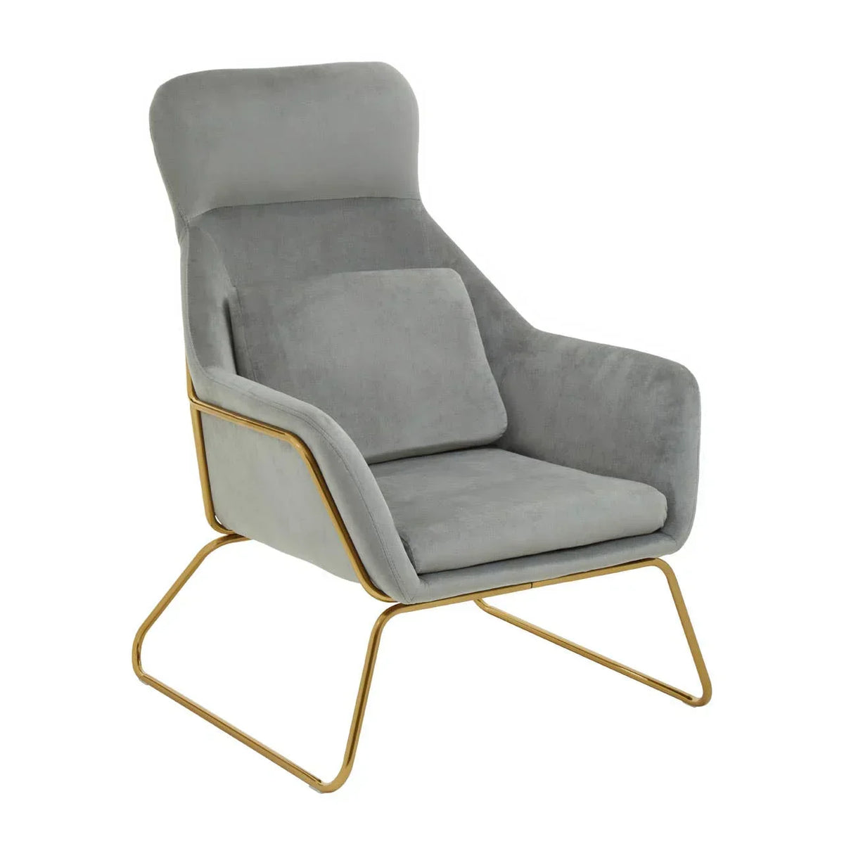 Grey velvet accent chair with gold metal frame and matching cushion, angled front view