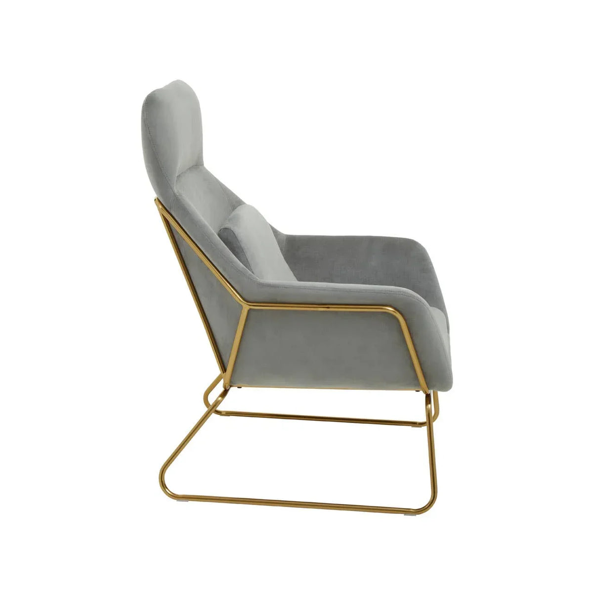 Grey velvet accent chair with gold metal frame side view