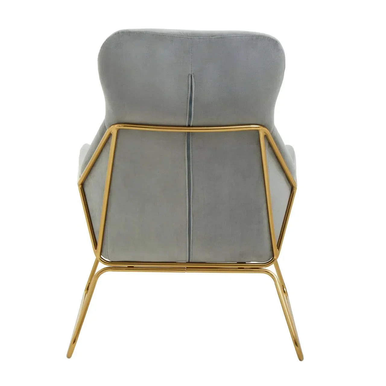 Back view of grey accent chair with gold metal frame and velvet upholstery