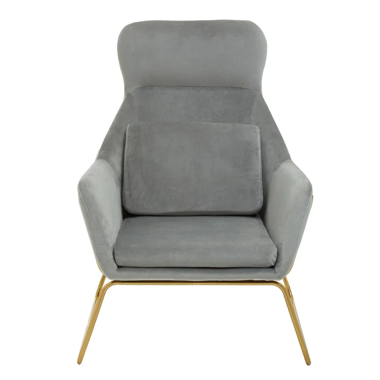 Grey velvet accent chair with gold metal legs and plush cushions, front view
