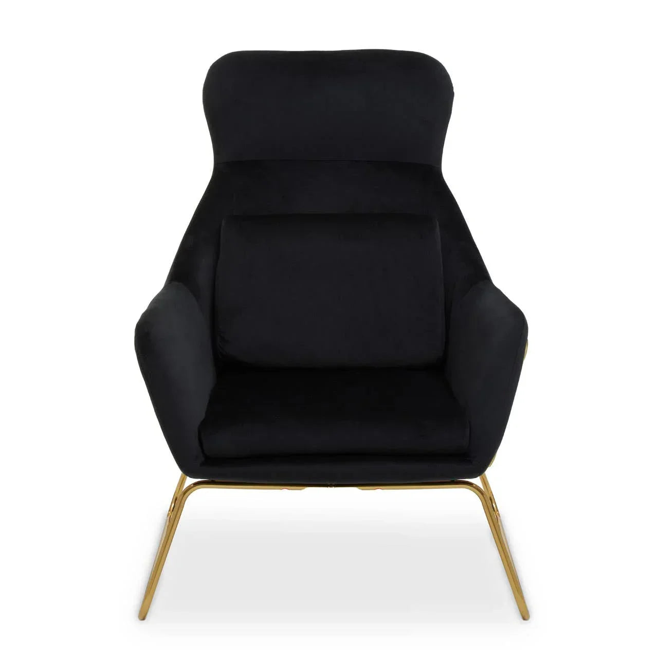Black velvet accent chair with gold metal legs, front view
